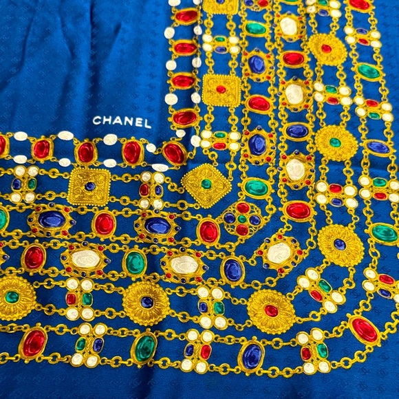 Authentic CHANEL Blue Scarf with Gold and Red Accents